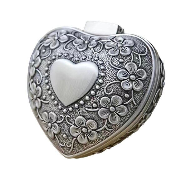 Heart-Shaped Floral Metal Trinket Box With Velvet Lining 2" Small Keepsake Jewel - Picture 2 of 11